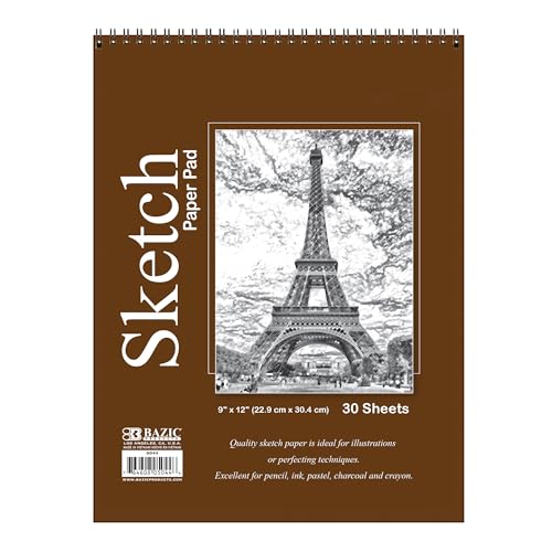 BAZIC Products Spiral Sketch Pad, Top Bound, 9 x 12 in, 30 Sheets | 30-sheet spiral sketch pad, smooth drawing paper for sketching, shading - color: 30 Sheets - 9"x12", size: 1-Pack