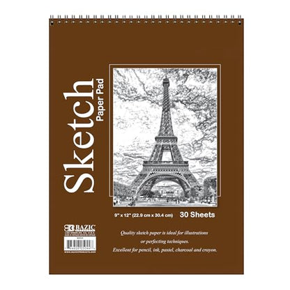BAZIC Products Spiral Sketch Pad, Top Bound, 9 x 12 in, 30 Sheets, 48-Case | 30-sheet spiral sketch pad, smooth drawing paper for sketching, shading - color: 30 Sheets - 9"x12", size: 48-Pack
