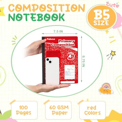 Fainne 30 Pack Primary Ruled Composition Notebook, Grade K-2 Journal 100 Pages, 7-1/2" x 9-3/4" Kindergarten Primary Drawing Story Notebook for Kids Drawing and Writing (Red) - color: Red