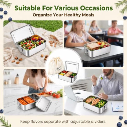 TeamFar Stainless Steel Bento Box, 81oz/2400ML Large Metal Lunch Box | Metal Lunch Container for Adults/Kids, for Home/School/Office/Travel, with 2 Removable Dividers, Leak-Proof & Dishwasher Safe - size: 2400ML