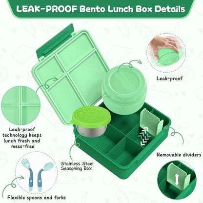 Aimsnk Lunch Box Kids with Thermo Insulated Lunch Bag for School, Green | Bento Lunch Box for Kids with 8oz Food Jar, Leak Proof Hot Lunch Containers with 4 Compartment, Warm Lunchbox for Toddler - color: Green