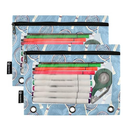 ALAZA Tennis Racket Blue Pencil Pouch for 3 Ring Binder 2 Pack Zipper Binder Pencil Bag Case with Clear Window Office Supplies - color: multi714