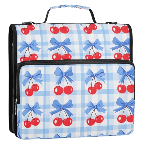 3 Ring Zipper Binder with Shoulder Strap Cherry Blue Bow 1.5 inch Binders Keeper Large Capacity Multi Pockets for School Office Supplies - color: Multi478, size: Fit 500 Sheets