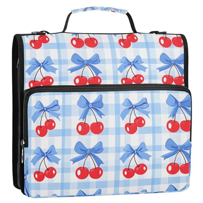 3 Ring Zipper Binder with Shoulder Strap Cherry Blue Bow 1.5 inch Binders Keeper Large Capacity Multi Pockets for School Office Supplies - color: Multi478, size: Fit 500 Sheets