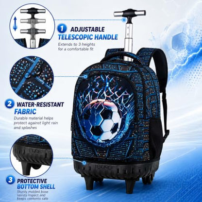 HPJGD 3PCS Soccer Rolling Backpack for Boys, Kids School Backpacks with Wheels, Water Resistant Roller Wheeled Bookbag Set with Lunch Box - color: Black Soccer Rolling Set