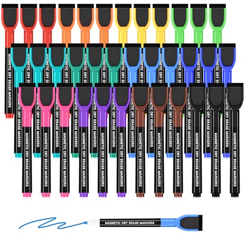 SUQJOY Magnetic Dry Erase Markers 36 Count, Fine Tip Whiteboard Markers with Eraser Caps, Low Odor, 12 Assorted Colors, for Fridge Calendar, Office and Home - color: 36 Count 12 Colors