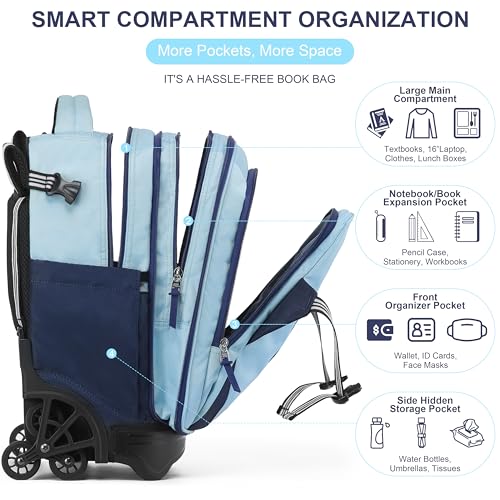 NEW TILAMI 18 Inch Expandable Rolling Backpack with 6-Wheel Stair Climbing, Waterproof Wheeled School Bag with 15.6" Laptop Sleeve for Boys Girls, Carry-on Luggage 98cm Dual-Height Handle - Sky Blue - color: Sky Blue
