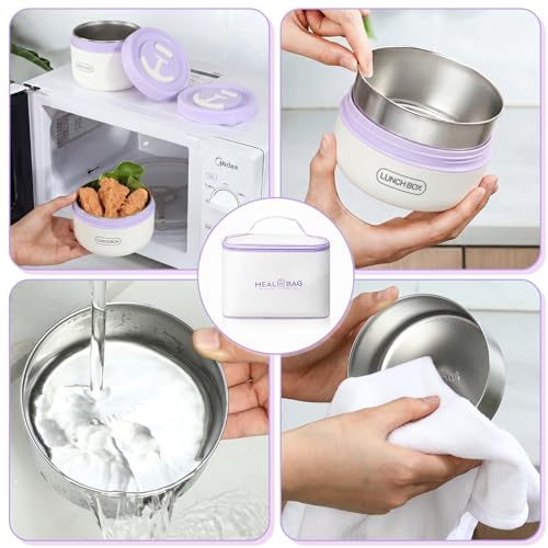 Dandat 4 Pcs Insulated Lunch Container, Portable Bento Box, Stainless Steel Lunch Box, Round Stackable Leakproof Thermal Food Container for Adult Men Women with Insulated Bag, 74 oz(Purple) - color: Purple