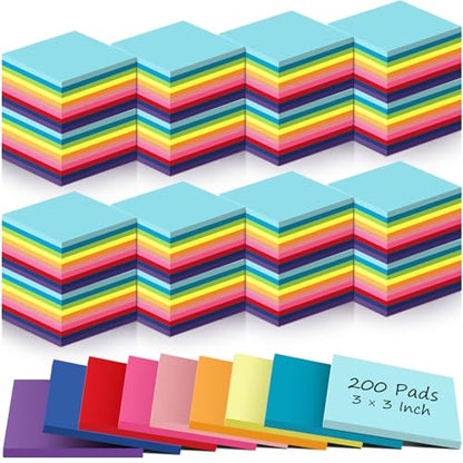 Zubebe 200 Pads 3 x 3 Inch Sticky Notes Bulk, Bright Colors Notepads Self Stick Note Square Memo Sticky for Office Back to School, 45 Sheets/pad - size: 3 × 3 Inch