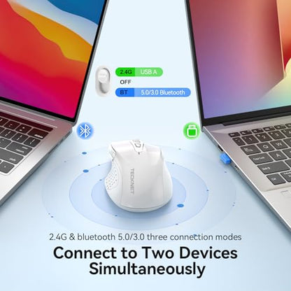 TECKNET Rechargeable Jiggler Wireless Mouse (BT5.0/3.0 & 2.4G) 4800 DPI Silent USB A & Bluetooth Mouse 6 Buttons, Wide Compatibility - White - color: White