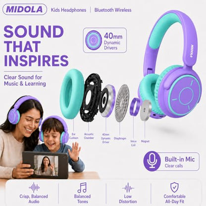 MIDOLA Kids Bluetooth Headphones 68H Play Time,Volume Limit 85/94dB, Foldable Lightweight Wireless Over-Ear Headphone for Kid Toddler Child Pad Tablet,Headsets with Built-in Mic Purple - color: Purple