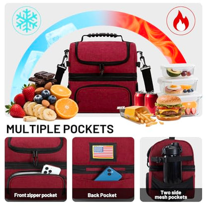 MIER Dual Compartment Lunch Bag Tote with Shoulder Strap for Men and Women Insulated Leakproof Cooler Bag, Dark Red - color: Dark Red