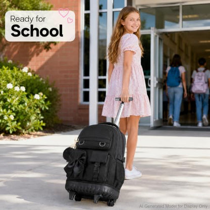 HPJGD 3PCS Girls Backpack with Wheels, Black Bow Tie Roller School Backpacks, Water-Resistant Rolling Wheeled Bookbag Set - color: Black Bowknot Rolling Backpack Set