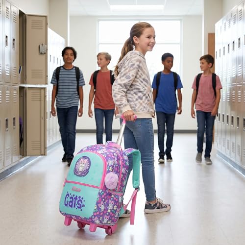 Girls Rolling Backpack with Lunch Box School Backpacks with Wheels 16.5" Roller Backpack for Girls, 3pcs Kids Wheeled Bookbag for Elementary School - color: Lansemao