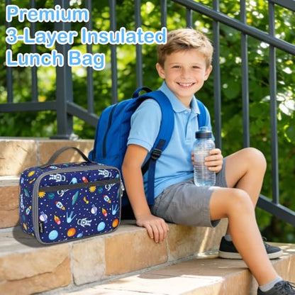 FlowFly Kids Lunch box Insulated Soft Bag Mini Cooler Back to School Thermal Meal Tote Kit for Girls, Boys, Astronaut - color: Multicolor