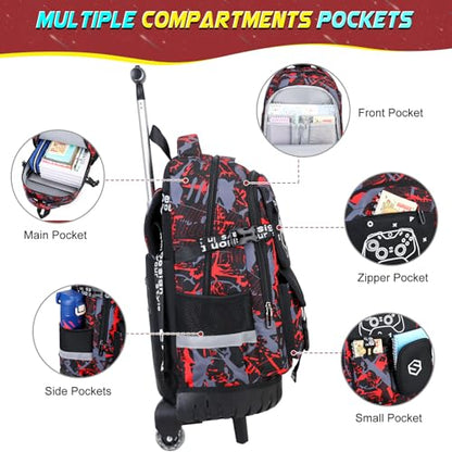 Scothen Rolling Backpack for Boys, Cool Luminous Gamer Roller School Backpacks for Boys with Lunch Bag and Pencil Pouch, Kids Backpack Bookbag with Wheels for Kindergarten Elementary Middle School - color: Red