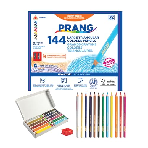 Prang Easy to Hold, Long, Triangular Colored Pencils Class Pack, 12 Colors, 5.5 mm Core, 144 Pencils, 6 Sharpeners - size: 144 Count (Pack of 1)