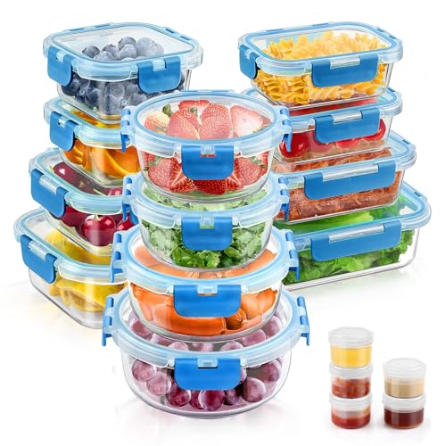 34pcs Glass Food Storage Containers with Lids Set, Airtight Glass Meal Prep Containers (17 Containers & 17 Lids), Leak Proof Lunch Container BPA-Free, Microwave, Oven, Freezer, Dishwasher Safe-Blue - color: Blue