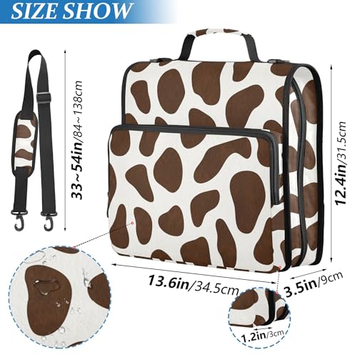 Brown Cow Print Zipper Binder 3 Ring with Shoulder Strap, Multiple Pockets Expanding File Folder Binder Bag Organizer