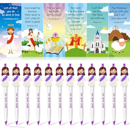 CroBlissful 48 Pcs Jesus Pens Bulk Christian Gift for Kid Jesus Loves You Sunday School Prize Religious Easter Gift Bible Verse Ballpoint Pen with Bookmarks for Catholic Easter(Retro Style) - style: Retro Style