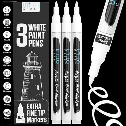 Utillo Craft White Paint Pen (3-Pack) Extra Fine White Paint Markers for Metal, Fabric, Wood, Glass, Paper, Plastic, Rock, Leather | Bold Color Permanent White Acrylic Paint Pen 0.7mm | Artist DIY - color: White, style: Extra Fine 3PK