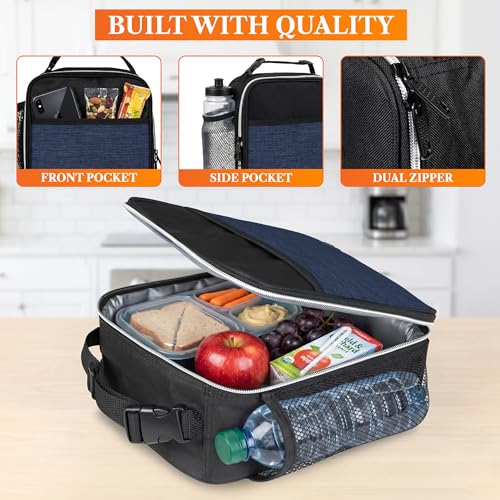 opux Insulated Lunch Bag for Kids Boys Girls, Small Compact Lunch Box with Wide Opening & Mesh Pockets, Reusable Lunch Pail for School, Work, Adults, Men, Women, Heather Navy Blue - color: Heather Navy