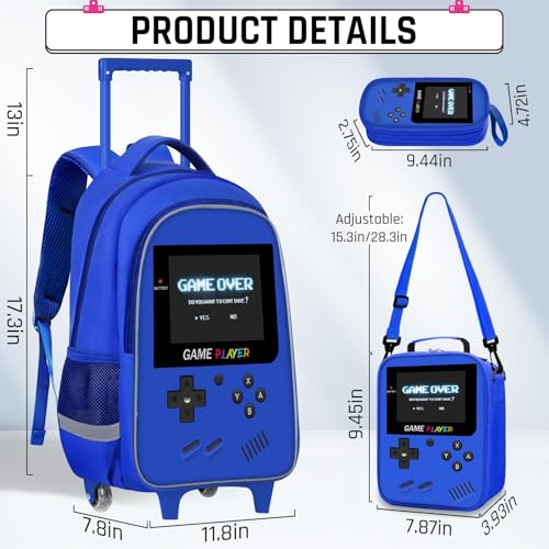 Kids Rolling Backpack for Boys - 3PCS Gamer Boys Rolling Backpack with Lunch Bag Set, Elementary Middle School Roller Bookbag with Adjustable Handle for Travel & School