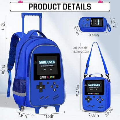 Kids Rolling Backpack for Boys - 3PCS Gamer Boys Rolling Backpack with Lunch Bag Set, Elementary Middle School Roller Bookbag with Adjustable Handle for Travel & School