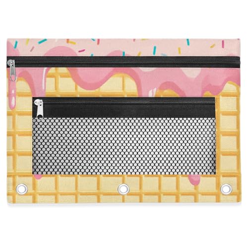 Pink Ice Cream Pencil Pouch for 3 Ring Binder Waffle Cookies Pencil Case Bag with Clear Window Zipper Pockets for Kids Girls Boys Students School College Supplies 2 Pack - color: Pink
