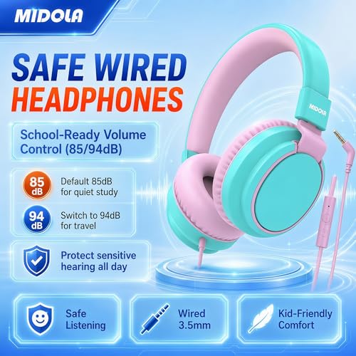 MIDOLA Kids Headphone Wired Volume Limited 85/94dB Over-Ear/On-Ear Foldable Headset with Microphone Hearing Protection Headphones for Toddler Boy Girl Child School Learning Pad Tablet Cyan - color: Cyan