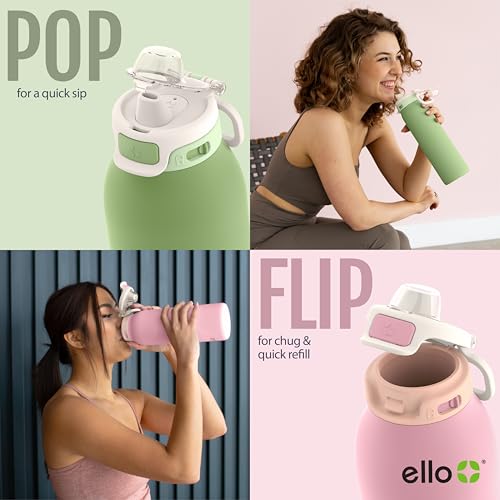 Ello Pop & Fill Insulated Stainless Steel Water Bottle with Quick Fill Lid, Leakproof Locking, Sip or Chug Spout, BPA-Free, Double Wall Vacuum Insulated for Sports, Travel & School- 22oz / 32oz / 40oz - color: Take a Bow, style: 22oz