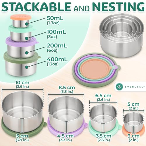 Everusely - Stainless Steel Food Containers - 4 Pack, Garden Harvest - Metal Lunch Box - Nesting Snack Containers for Office, Home Food Storage - Leakproof Silicone Lids - Dishwasher and Freezer Safe - color: Pack of 4