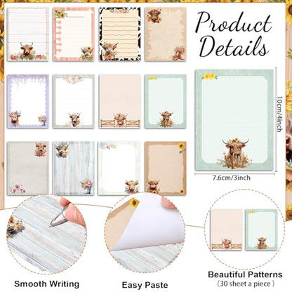Wxiben Highland Cow Sticky Notes with Pens 24 Pcs Cute Cartoon Animals Notepads Ballpoint Pens Bulk Farm Cattle Notes Black Ink Pen Animal Lover Gifts for Women Men Study Office School Supplies - color: Highland Cow
