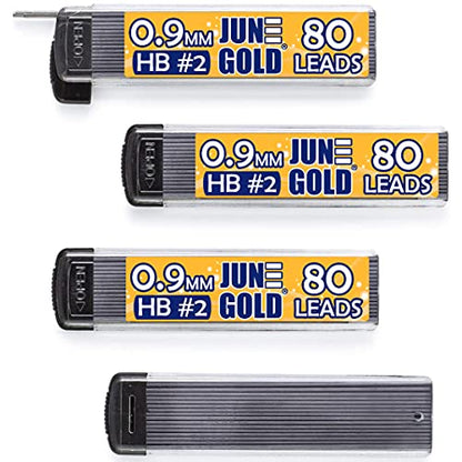 June Gold 0.9 mm, 320 Lead Refills, HB #2, 4 Dispensers/w 80 Pieces Each | Bold Thickness, Break Resistant Graphite, Elegant Dispensing Mechanism, 1.0 mm Compatible - color: Hb Graphite, style: 0.9 mm