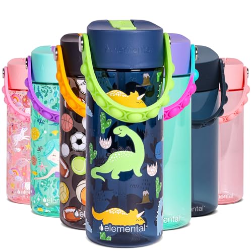 Elemental Water Bottles for Kids - Splash Kids Water Bottle for School with Pop-it Handle - BPA Free Tritan Plastic Water Bottle with Straw Leak Proof when Spout is Closed - Dinosaur- 18oz - color: Dinosaur (Navy Blue) 18oz