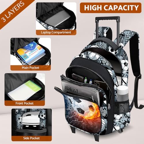 Boys Rolling Backpack for Kids - Soccer Kids Rolling Backpack with Wheels for Elementary Middle School Students - Sport Roller School Bookbag Aged 6-18, Wheeled Travel Bag Large Capacity - color: Soccer-001-backpack Only