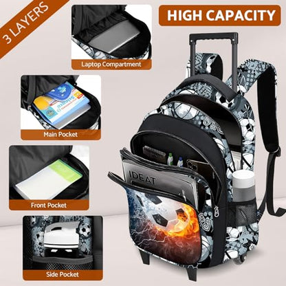 Boys Rolling Backpack for Kids - Soccer Kids Rolling Backpack with Wheels for Elementary Middle School Students - Sport Roller School Bookbag Aged 6-18, Wheeled Travel Bag Large Capacity - color: Soccer-001-backpack Only
