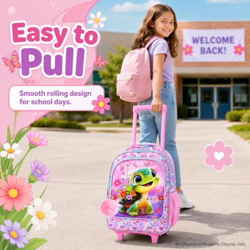 AGSDON 3PCS Kids Rolling Backpack, Girls Roller Wheels Bookbag, Wheeled Elementary School Bag with Lunch Bag - Turtle - color: Turtle Roller