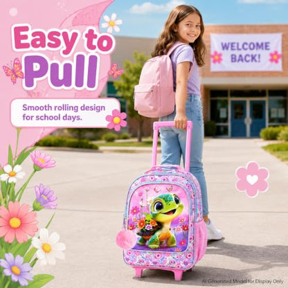 AGSDON 3PCS Kids Rolling Backpack, Girls Roller Wheels Bookbag, Wheeled Elementary School Bag with Lunch Bag - Turtle - color: Turtle Roller