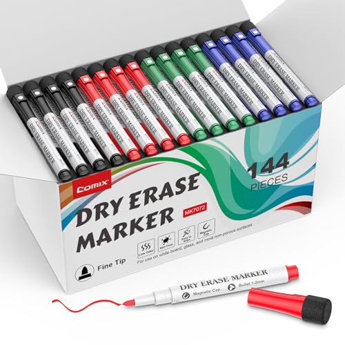 Comix Magnetic Dry Erase Markers, 4 Color, 4 Sets of 36 Markers, 144 Marker | Fine Tip, Value Pack, Low Odor, with Eraser Cap, Easy to erase, Suitable for Classroom, Teachers, Office, School Supplies - color: 4 Color Bulk