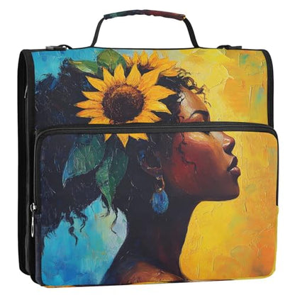 3 Ring Zipper Binder Sunflower Black Girl Binders Bag with Shoulder Strap 500 Sheets Paper Organizer Trapper Keeper Documents Storage File Folder for School Office - color: A1129