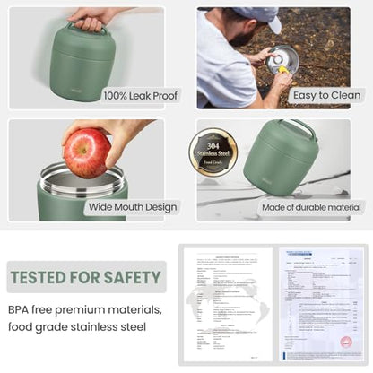 wiwens Thermo Food Jar for Hot Food Adults 32OZ Soup Thermo Lunch Containers Wide Mouth Vacuum Insulated Stainless Steel Leakproof Bento Box with Spoon - color: Green3