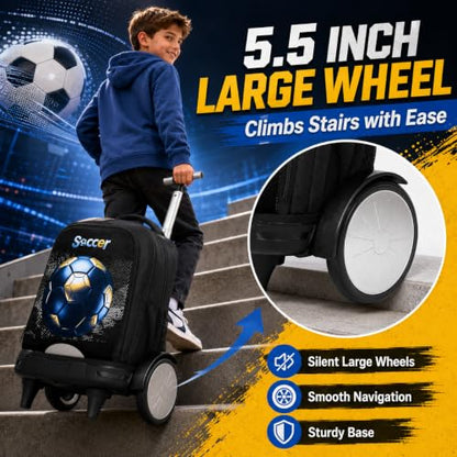 gxtvo Large Wheels & Quiet Glide | Rolling Backpack for Kids - Water-Resistant Wheeled Bag with Lunch Box for School, Travel & Outings - Black Gold Soccer - color: Rolling Backpack Gold Soccer Black