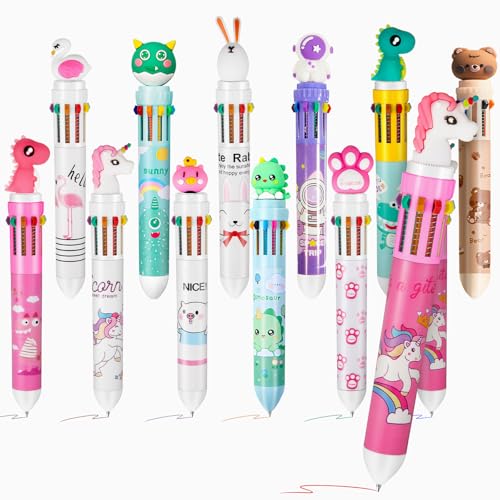 Kosiz 12 Pack 10-in-1 Multicolor Pens, Multi Colored Kawaii Cute Animal Rainbow Pens Bulk 0.5mm, Back to School Party Favors Classroom Rewards Gifts, Aesthetic Journaling Accessories(Cute) - style: Cute