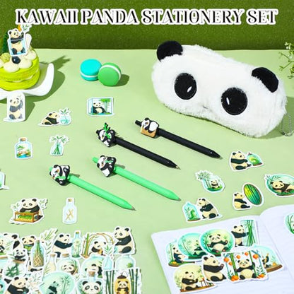 Cute Panda Stationery Set - Fluffy Plush Pencil Case, 4pcs Retractable Gel Pens (Black Ink) & 50pcs Kawaii Panda Stickers - Aesthetic School Supplies Gift for Girls, Teens, and Kids
