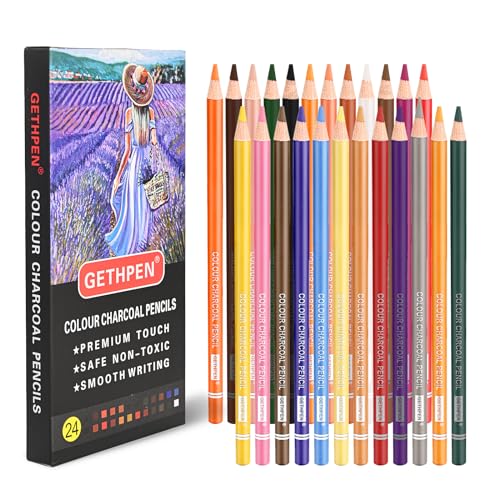 GETHPEN Colored Charcoal Pencils Drawing Set, 24 Colors Skin Tone Pastel Chalk Pencils for Drawing, Sketching, Shading, Coloring, Layering & Blending - color: Multicolor, size: 1 Count (Pack of 24)