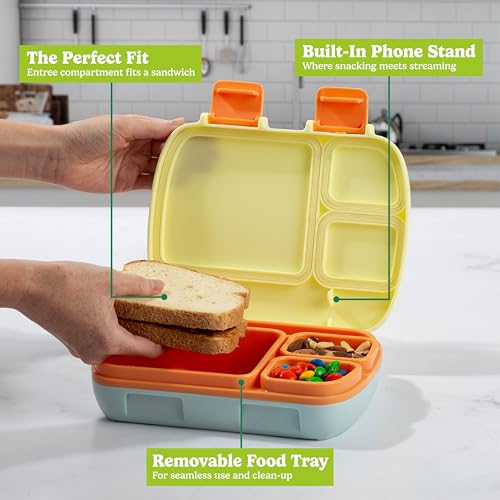 Tasty Bento Style Lunch Box, 4 Compartments with Built-In Phone Stand, BPA-Free Plastic, Portable Food Storage Container, Aqua - color: Aqua