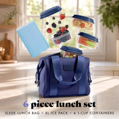 Fit & Fresh Remi Lunch Bag for Women Work – Neoprene Lunch Tote with Containers & Ice Pack, Reusable Meal Prep Lunch Box, Large Capacity, Machine Washable - color: Navy