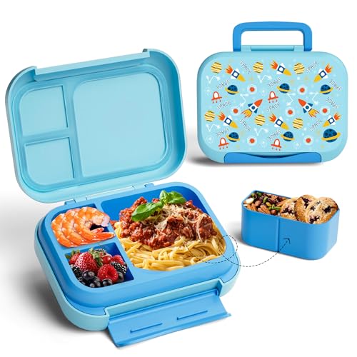 Kids Bento Lunch Box, 5-Compartment Leakproof Container with handle Movable Snack Box BPA-Free, Dishwasher & Microwave Safe Utensils Included for Kids/Adults | School, Office & Travel | Blue - color: Blue-41oz