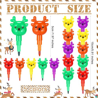 Sayglossy 24 Sets Christmas Elk Crayons Party Favors 4 Colors Christmas Stacking Crayons with Double Sided Coloring Postcard Xmas Party Gifts Prize Bulk for Holiday Goodie Bag Stuffers Reward - style: Christmas Elk